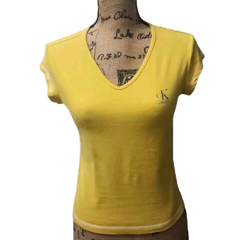 Vintage Calvin Klein Jeans Womens Size M V-Neck Tee Shirt Yellow